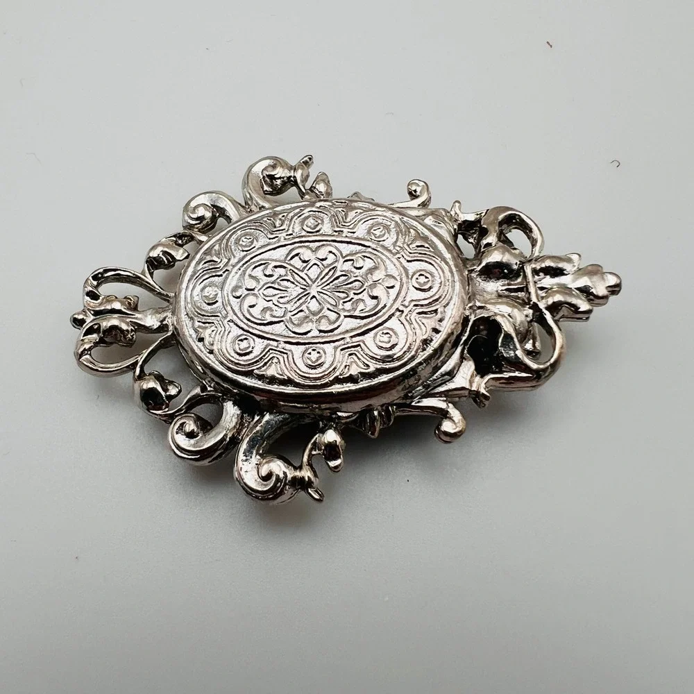 Vintage Ornate Scroll Brooch Scarf Clip Dual Purpose Silver Tone Victorian Style